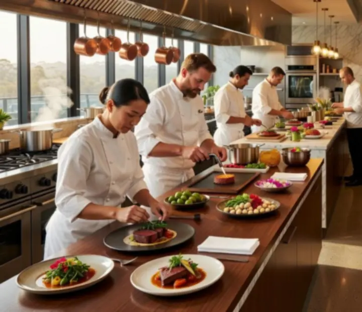 Chefs and hosts preparing an elegant Australian dining room with poker tables under warm architectural lighting