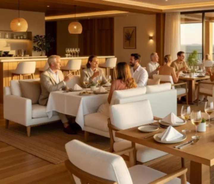 Cinematic Australian restaurant lounge with guests dining and a softly lit poker-inspired setting.