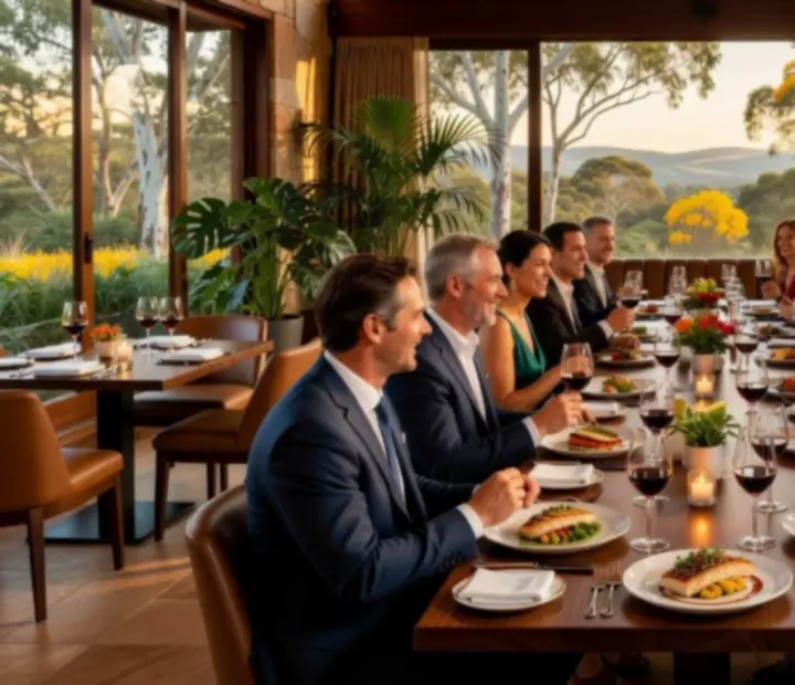Cinematic photograph of Australian cuisine and cocktails in a softly lit luxury restaurant lounge