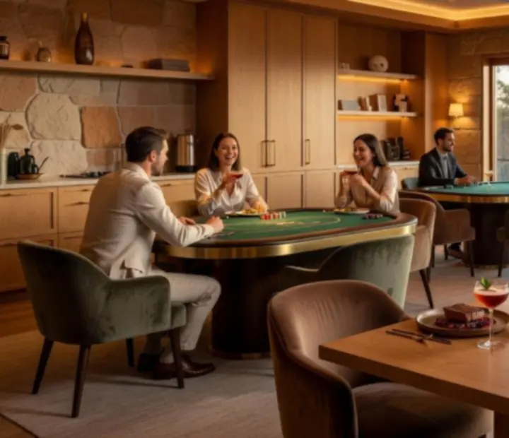 Fine dining plates and cocktails set beside a designer poker table in a contemporary Melbourne lounge