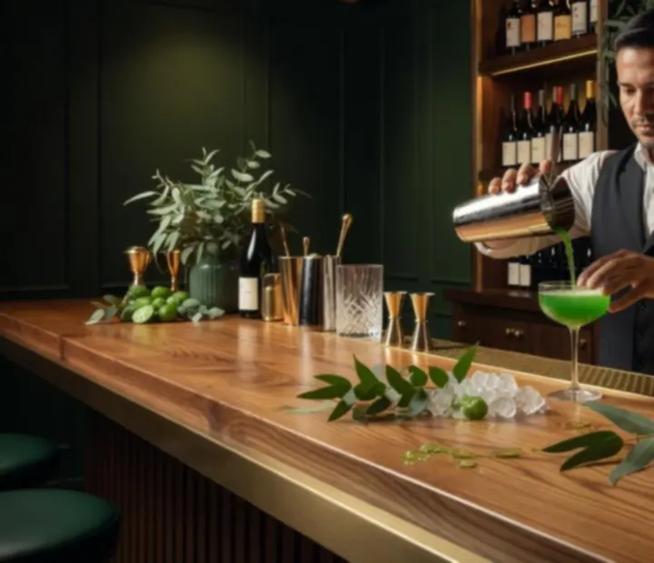 Handcrafted cocktails displayed on a refined Australian bar with warm lighting.