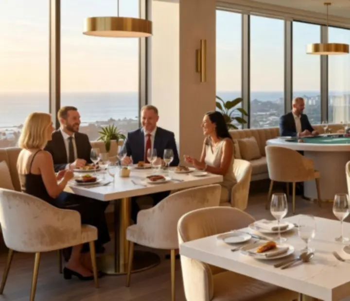 Cinematic Australian dining room with elegant poker tables and guests enjoying the evening