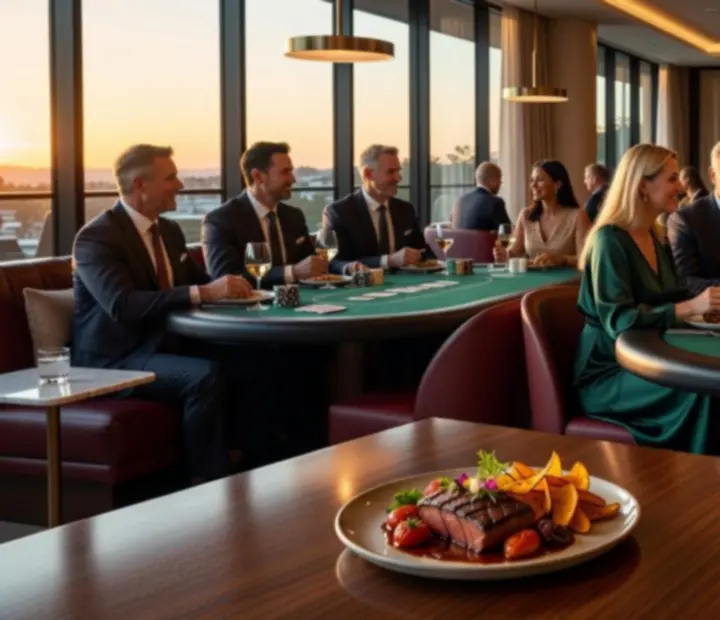 Cinematic Australian restaurant interior with guests dining and playing poker for entertainment