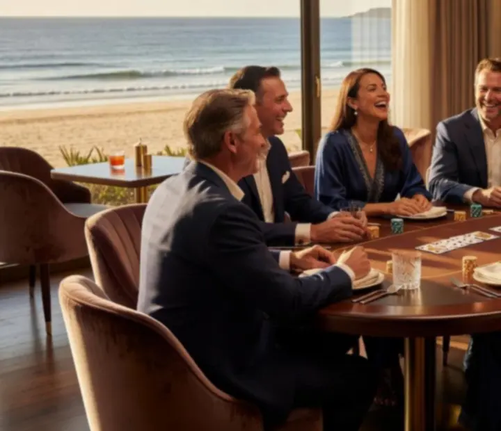 Guests enjoying dining and friendly poker games in a cinematic Australian restaurant