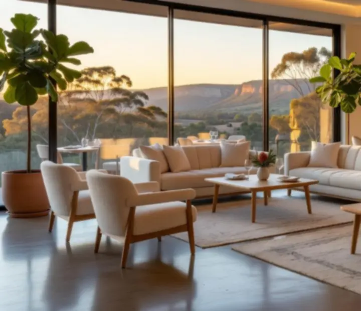 Cinematic golden-hour view of the CharredAndShuffled lounge with Australian dishes, cocktails and poker tables prepared for the evening.