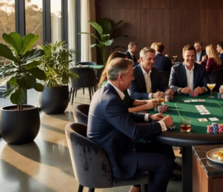 Guests enjoying a cinematic luxury poker evening with fine dining at CharredAndShuffled in Melbourne
