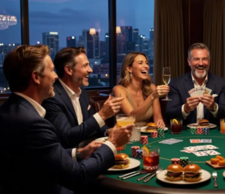 Collage of luxury poker evenings with fine dining, cocktails and stylish guests at CharredAndShuffled in Melbourne