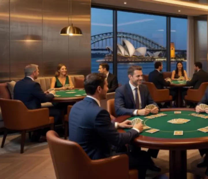 Elegant poker lounge with professional tables, ambient lighting and guests enjoying social games.