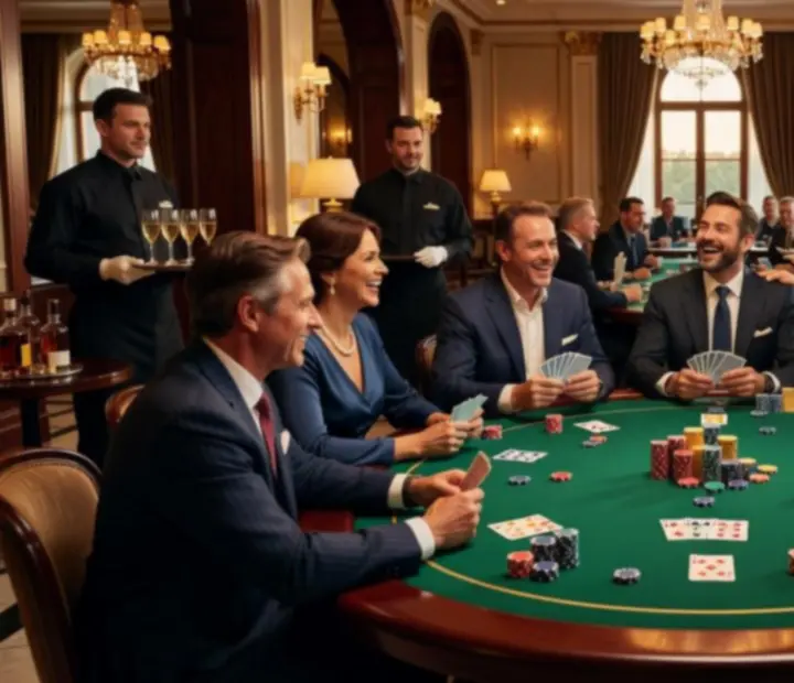 Stylish guests gathered around poker tables during a friendly tournament in Melbourne