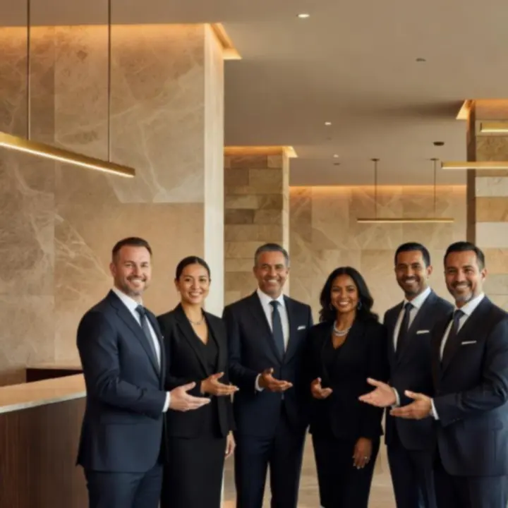 Professional hospitality team at a contemporary Australian restaurant greeting guests with warm service.