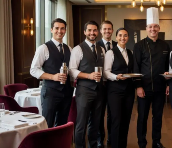 Restaurant team of chefs, mixologists and hosts working together in a luxury dining room