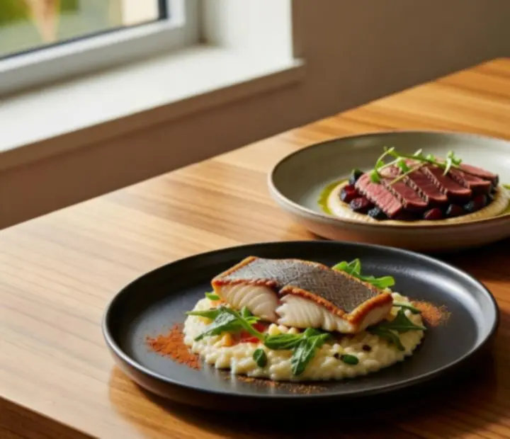 Signature Australian dishes and cocktails artfully plated on a stone table