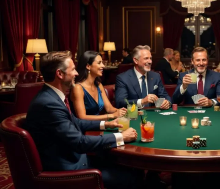Guests enjoying a friendly poker evening in a luxury restaurant lounge